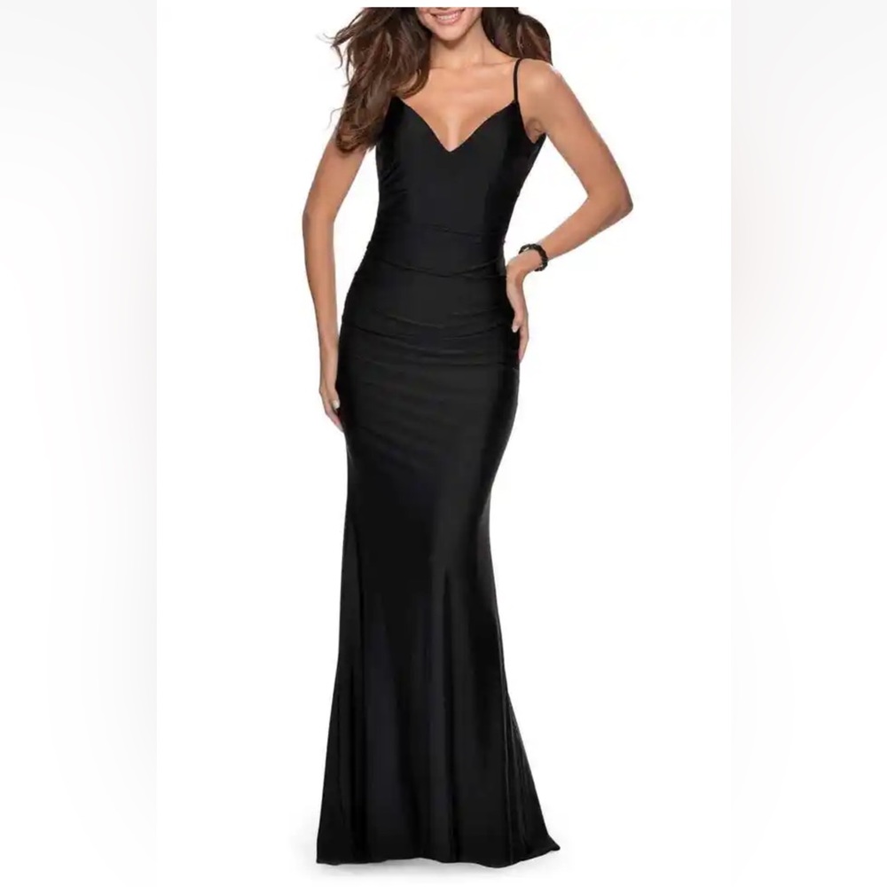 NWOT La Femme 28287 Open Back Jersey Trumpet Gown SZ 0 ($308) Black